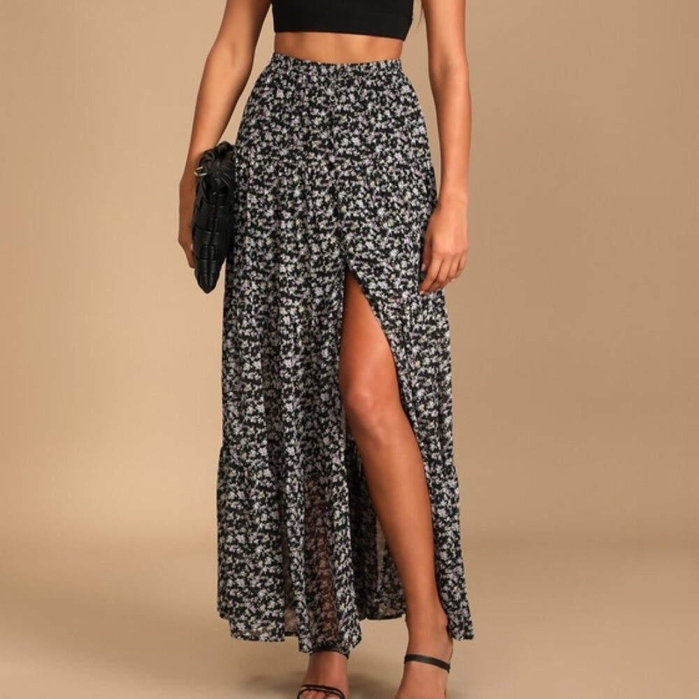 Lulus Subtle Sweetness Black Floral Print Tiered Maxi Skirt - Size M